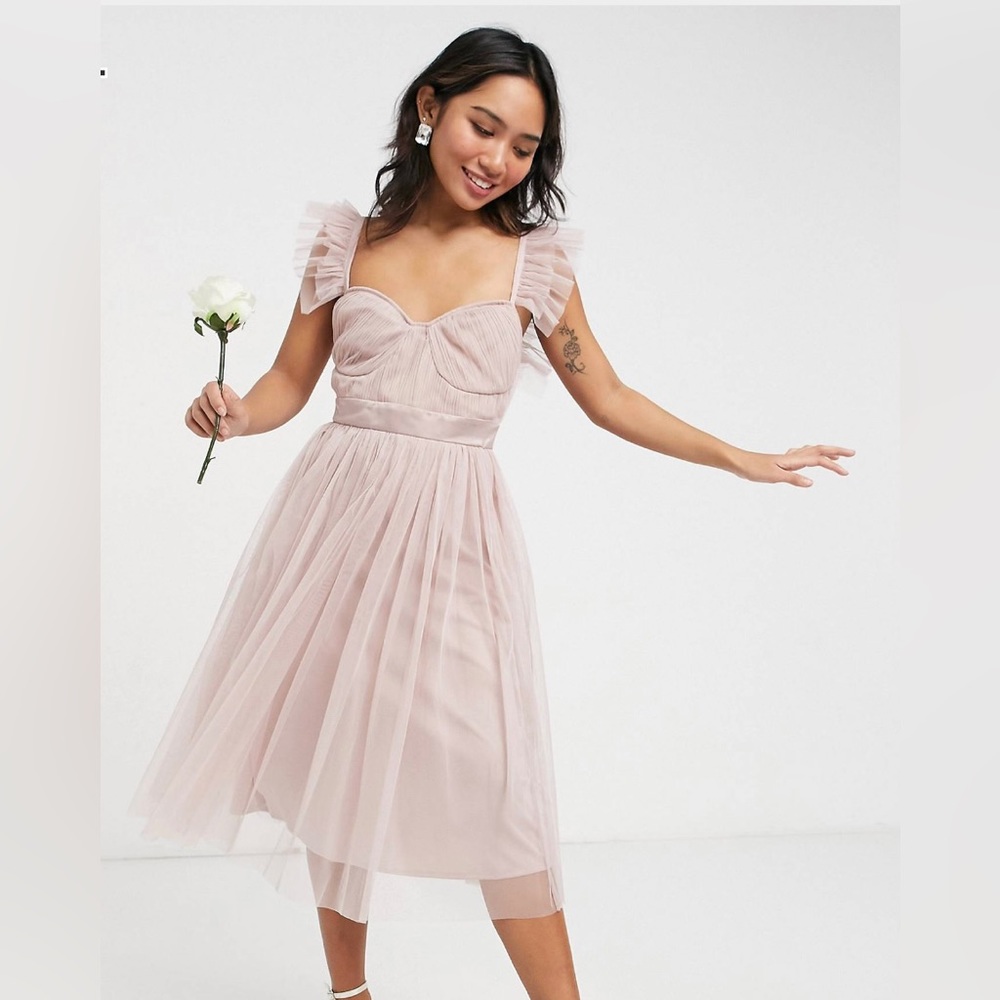 Anaya with Love Tulle frill sleeve midi dress in pink